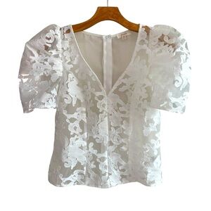 Peach Couture Sheer Lace White Puff Sleeve Blouse Top M Formal